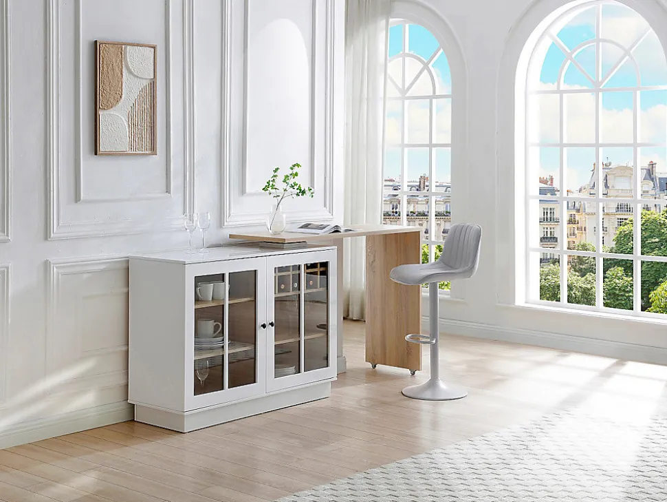 Meuble de bar pivotant avec rangements - Blanc et naturel - ARAMETA