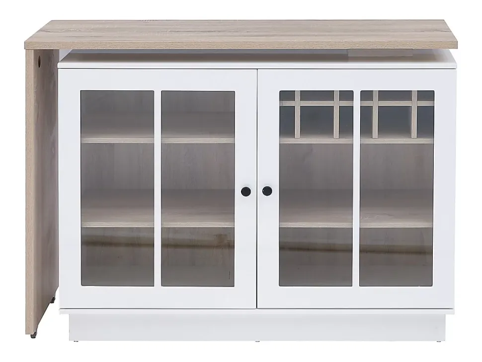 Meuble de bar pivotant avec rangements - Blanc et naturel - ARAMETA