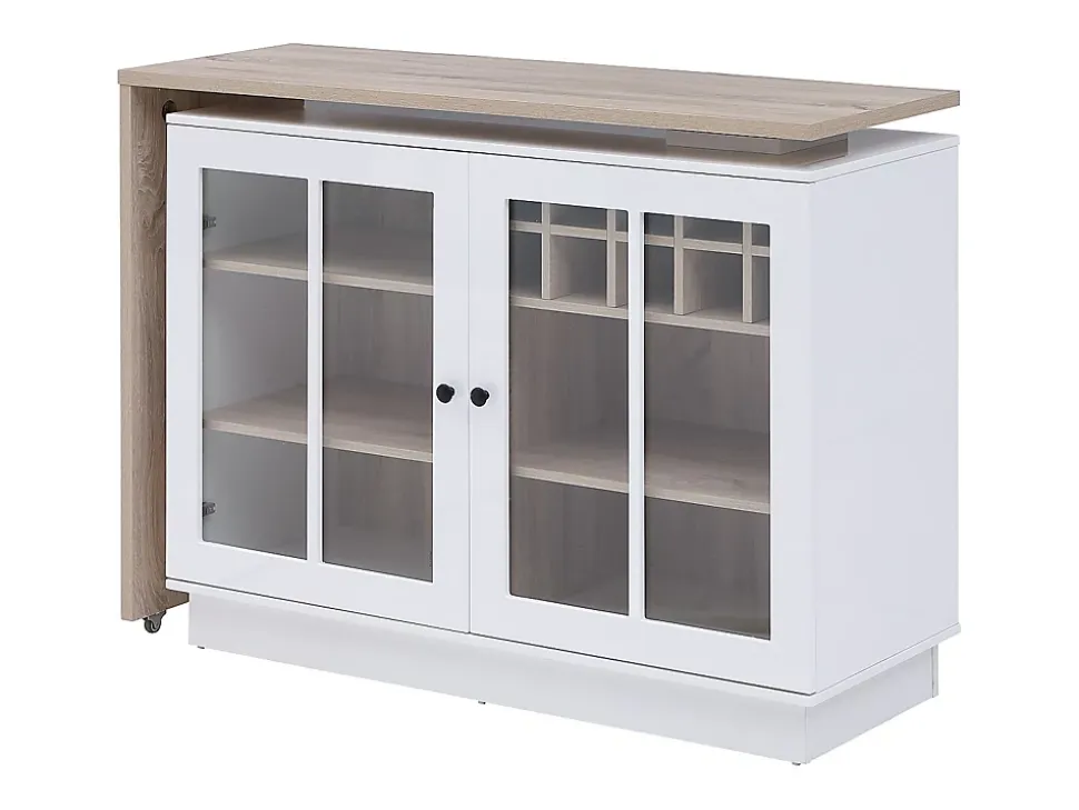 Meuble de bar pivotant avec rangements - Blanc et naturel - ARAMETA