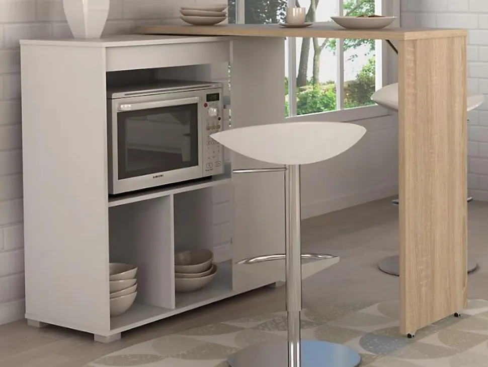 Meuble de bar pivotant avec rangements - Naturel et blanc - SATURNE