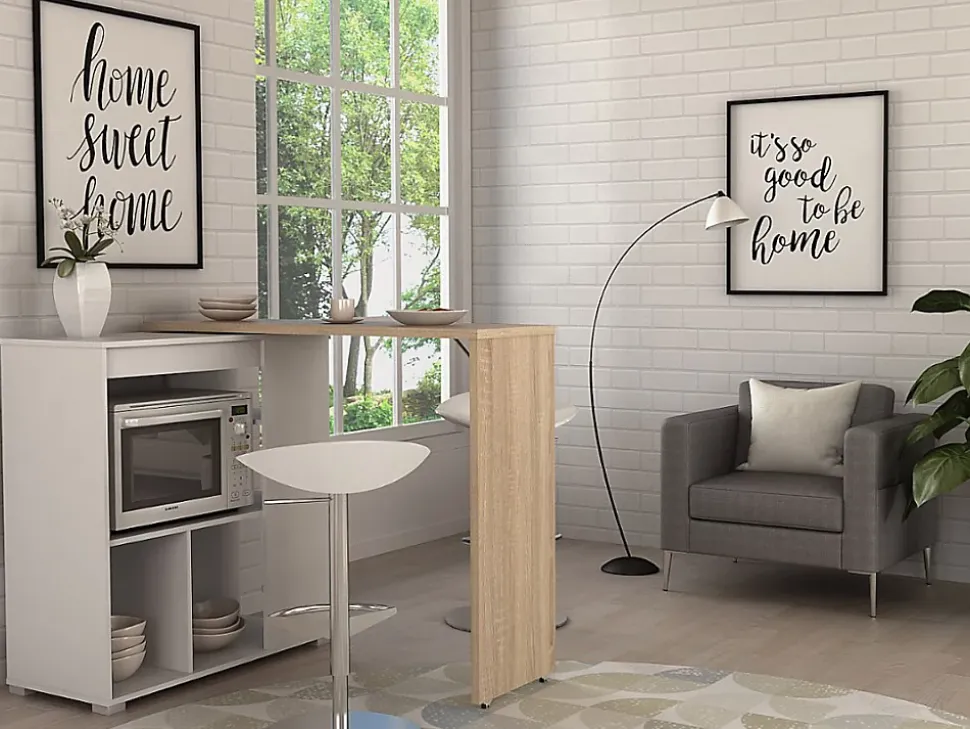 Meuble de bar pivotant avec rangements - Naturel et blanc - SATURNE