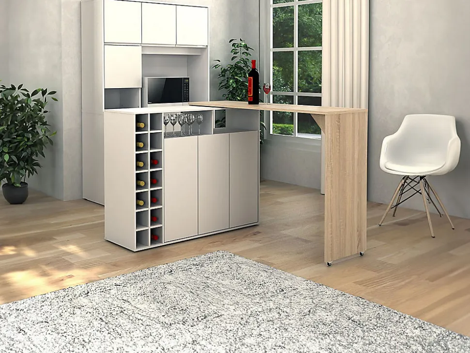 Meuble de bar pivotant avec rangements - Blanc et Naturel - VINALO