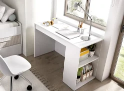 Meuble de bureau, table de bureau en bois mélaminé avec 1 étagère et 1 tiroir coloris blanc