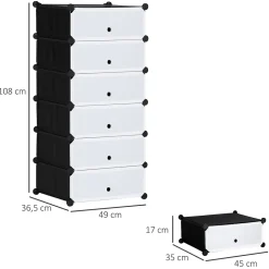 Meuble de rangement à chaussures modulable 6 casiers rectangulaires empilables - noir et blanc