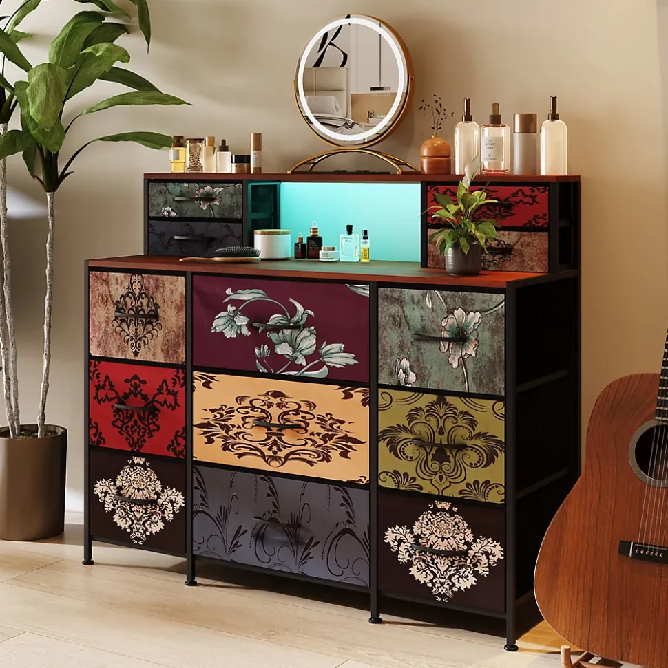 Meuble de Rangement 13 Espaces, Coiffeuse et Armoire avec LED RGB et Ports USB, Design Vintage, Multi-usage pour Chambre ou Salon