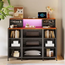 Meuble de Rangement 13 Espaces, Coiffeuse et Armoire avec LED RGB et Ports USB, Design Vintage, Multi-usage pour Chambre ou Salon