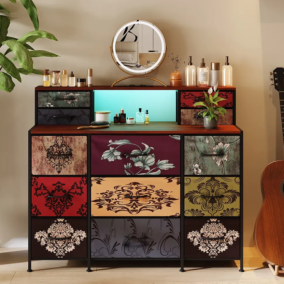 Meuble de Rangement 13 Espaces, Coiffeuse et Armoire avec LED RGB et Ports USB, Design Vintage, Multi-usage pour Chambre ou Salon