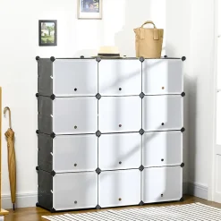 Meuble de rangement - meuble à chaussures modulable 12 casiers avec portes et étagères - dim. 125L x 32l x 125H cm - PP noir blanc