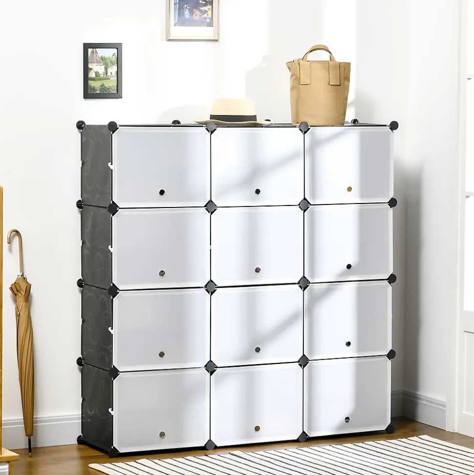 Meuble de rangement - meuble à chaussures modulable 12 casiers avec portes et étagères - dim. 125L x 32l x 125H cm - PP noir blanc