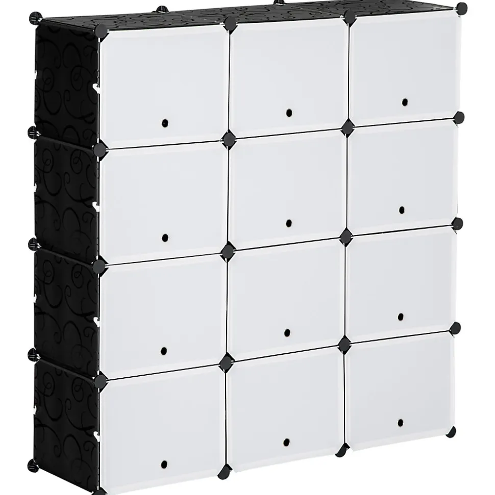 Meuble de rangement - meuble à chaussures modulable 12 casiers avec portes et étagères - dim. 125L x 32l x 125H cm - PP noir blanc