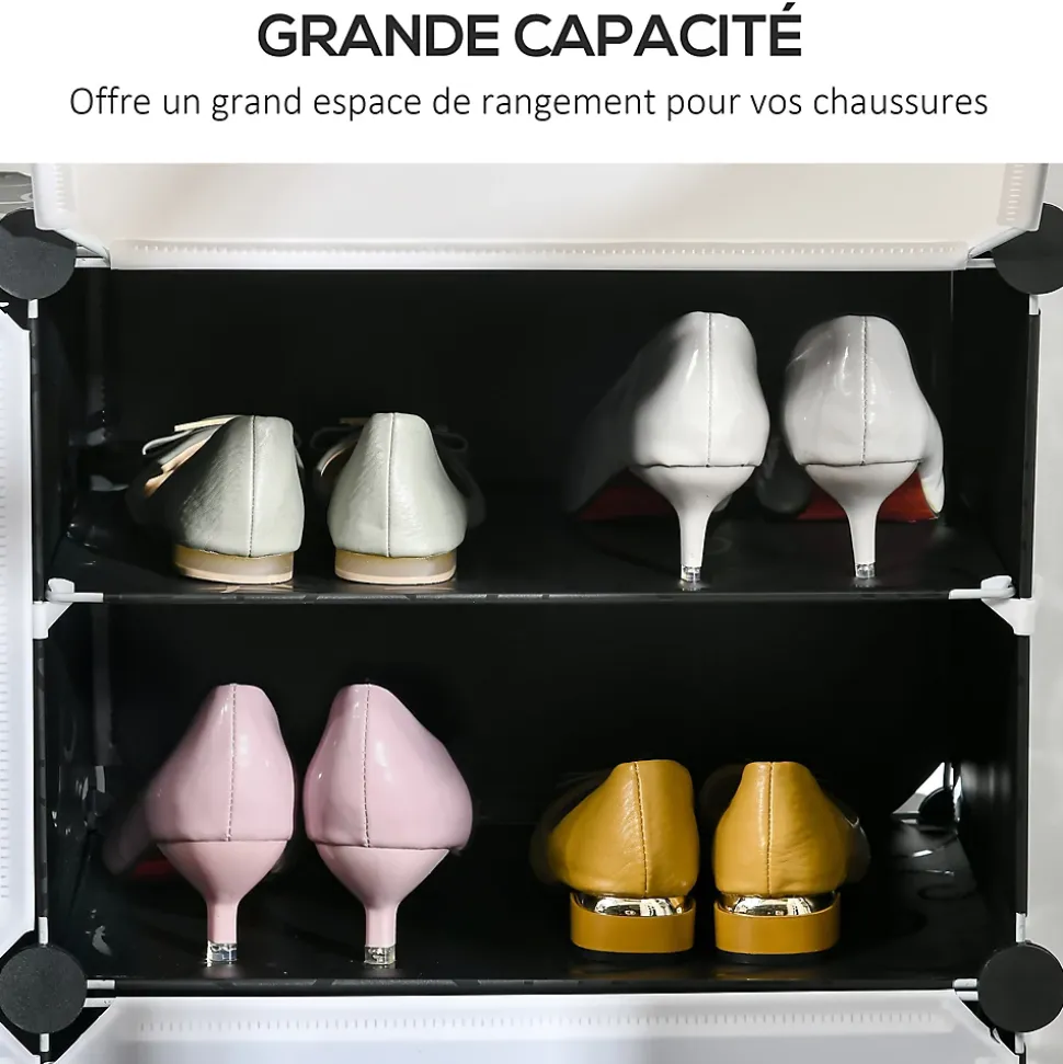 Meuble de rangement - meuble à chaussures modulable 12 casiers avec portes et étagères - dim. 125L x 32l x 125H cm - PP noir blanc