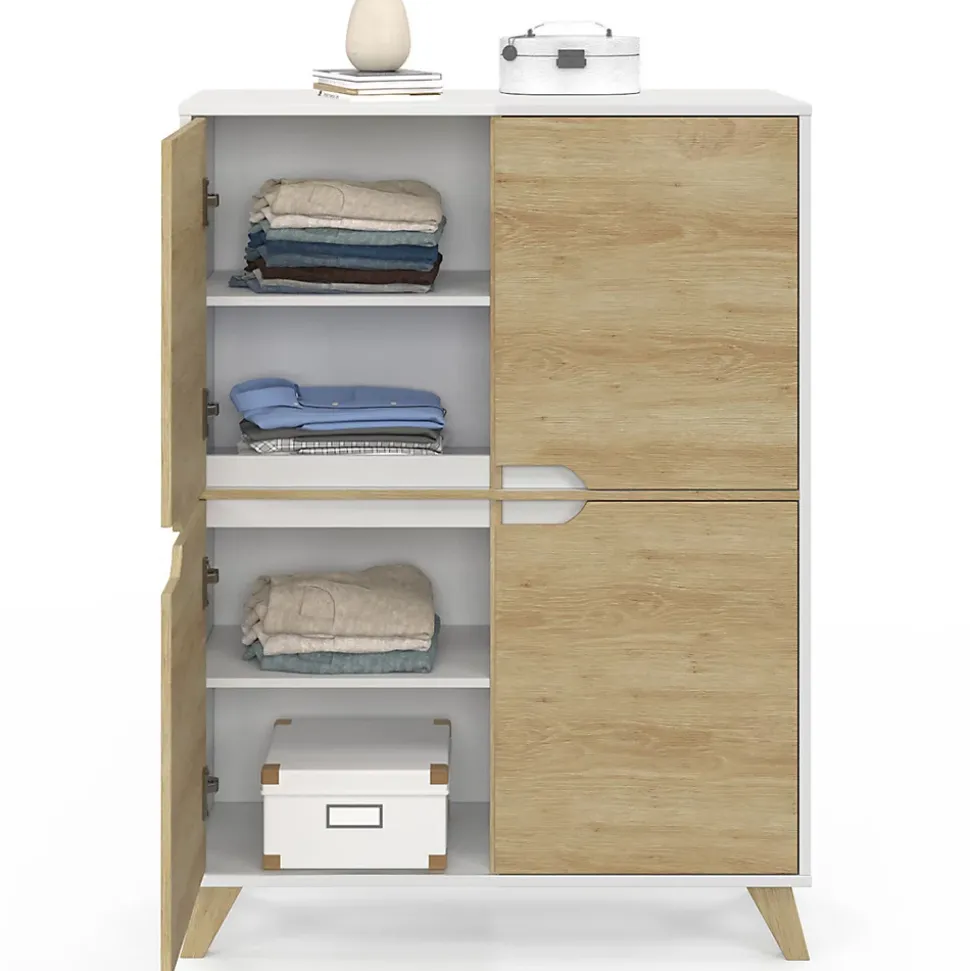 Meuble de rangement 4 portes HELSINKI scandinave blanc et bois