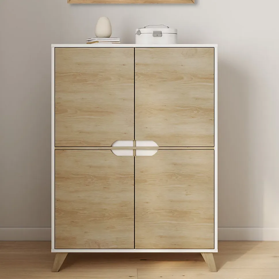 Meuble de rangement 4 portes HELSINKI scandinave blanc et bois