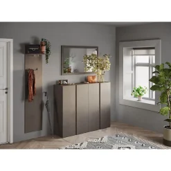 Meuble de rangement 4 portes 10 étagères réglables, collection KEY, coloris marron et chene