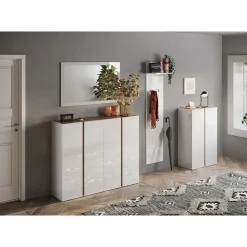 Meuble de rangement 4 portes 10 étagères réglables, collection KEY, coloris blanc laqué brillant et chene cadiz
