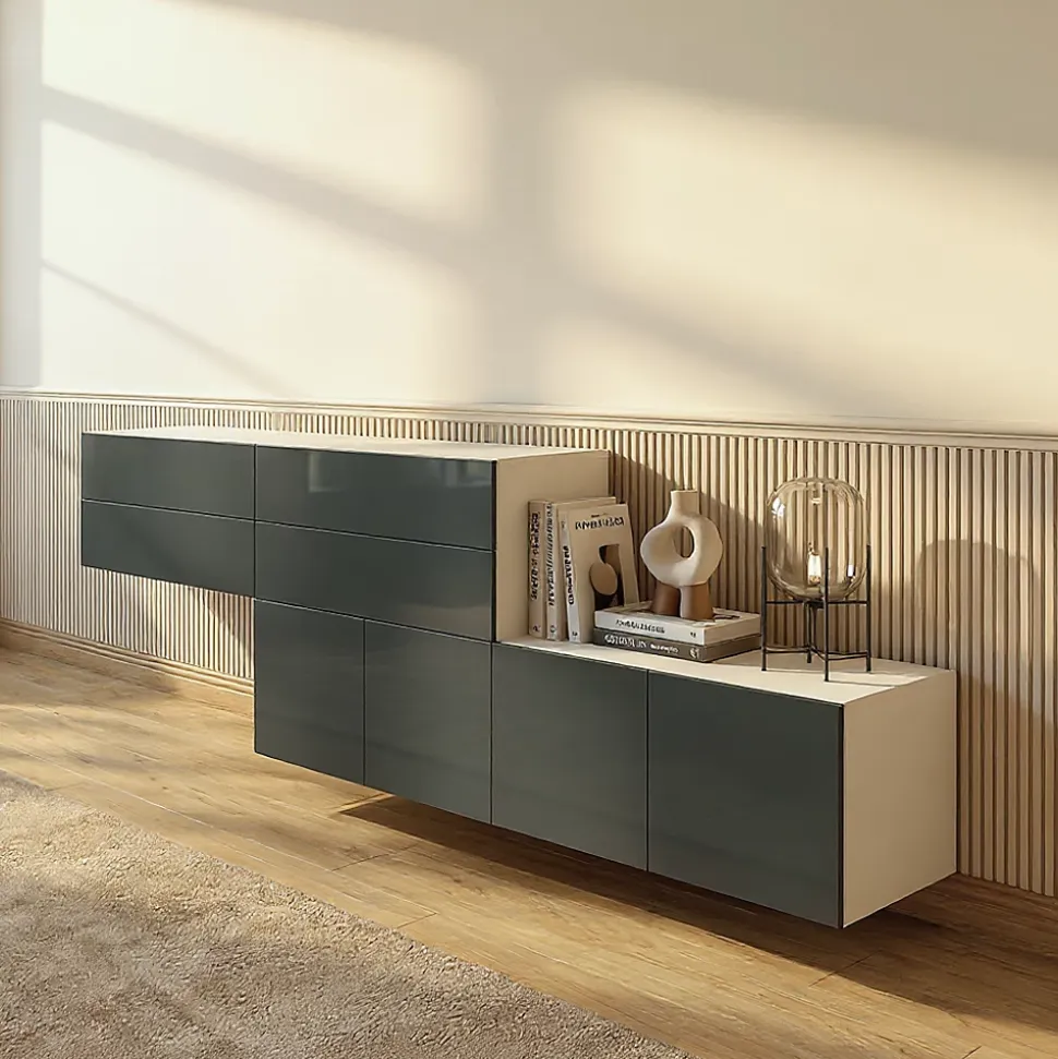Meuble de rangement avec portes blanc et anthracite brillant GoodHome Atomia H. 75 x L. 226 x P. 37 cm