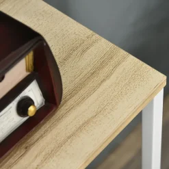 Meuble de rangement commode 3 tiroirs étagère plateau acier blanc MDF bois clair non tissé gris clair