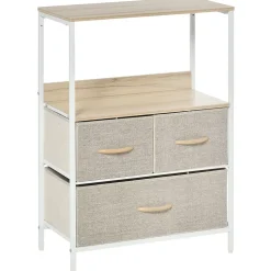 Meuble de rangement commode 3 tiroirs étagère plateau acier blanc MDF bois clair non tissé gris clair