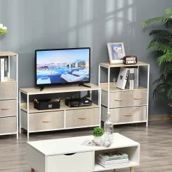 Meuble de rangement commode 3 tiroirs étagère plateau acier blanc MDF bois clair non tissé gris clair