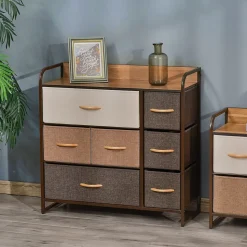 Meuble de rangement commode 7 tiroirs plateau MDF aspect bois acier non tissé marron beige