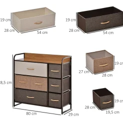 Meuble de rangement commode 7 tiroirs plateau MDF aspect bois acier non tissé marron beige