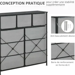 Meuble de rangement commode 9 tiroirs plateau acier MDF non tissé noir gris