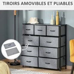 Meuble de rangement commode 9 tiroirs plateau acier MDF non tissé noir gris