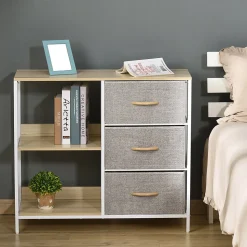 Meuble de rangement commode design - 3 tiroirs, 2 étagères - métal MDF non tissé beige