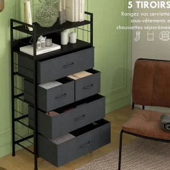 Meuble de rangement commode 5 tiroirs 2 étagères acier MDF non tissé noir