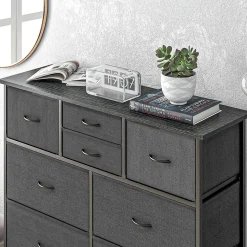 Meuble de rangement commode 10 tiroirs plateau acier MDF non tissé noir