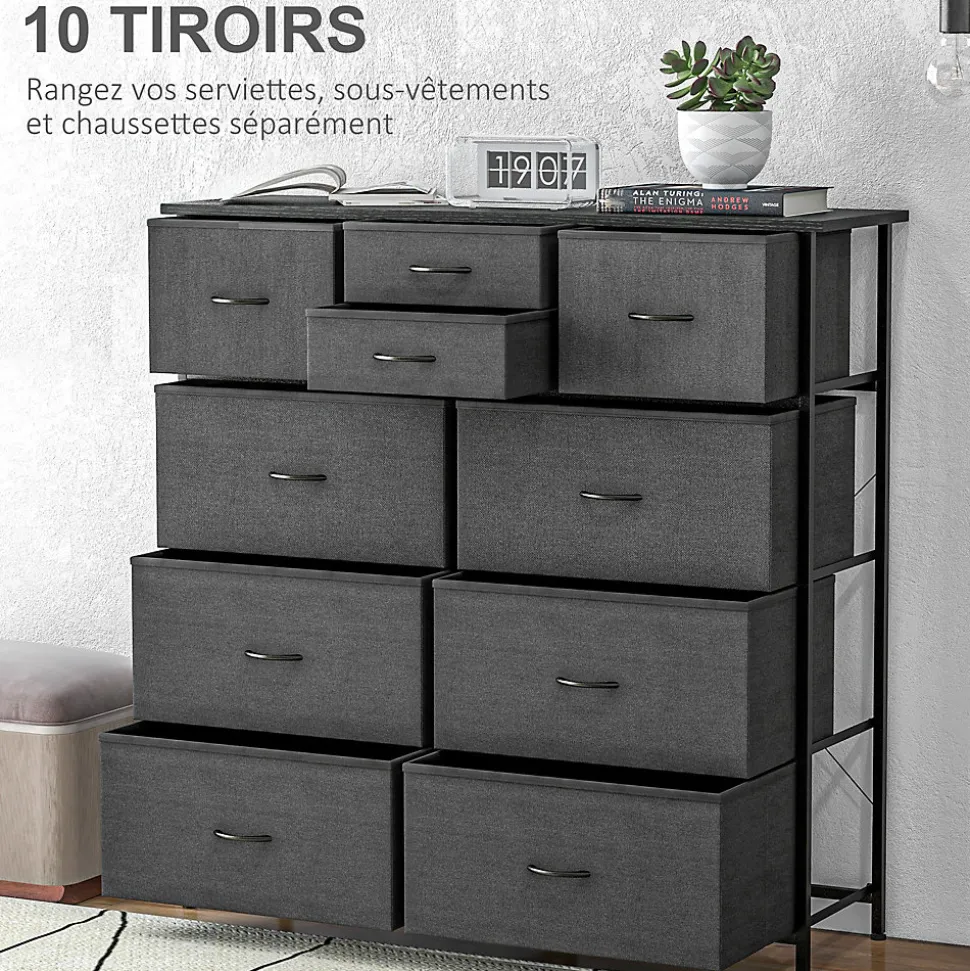 Meuble de rangement commode 10 tiroirs plateau acier MDF non tissé noir