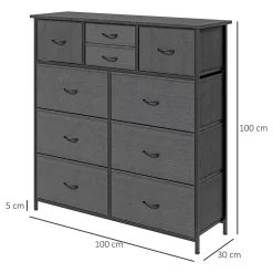Meuble de rangement commode 10 tiroirs plateau acier MDF non tissé noir