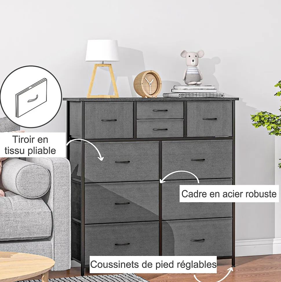 Meuble de rangement commode 10 tiroirs plateau acier MDF non tissé noir