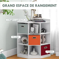 Meuble de rangement d'angle unité de rangement 9 niches 3 tiroirs non tissé MDF blanc
