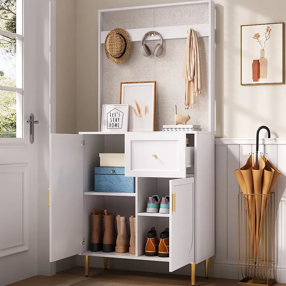 Meuble De Rangement D'entrée Blanc - Armoire Et Étagère à Chaussures - 80 X 175,5 X 35 Cm