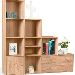 Meuble de rangement en escalier LIAM 4 niveaux bois façon hêtre avec porte et tiroirs