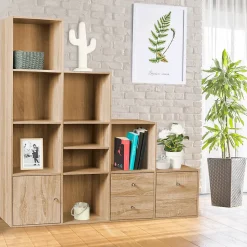 Meuble de rangement en escalier LIAM 4 niveaux bois façon hêtre avec porte et tiroirs