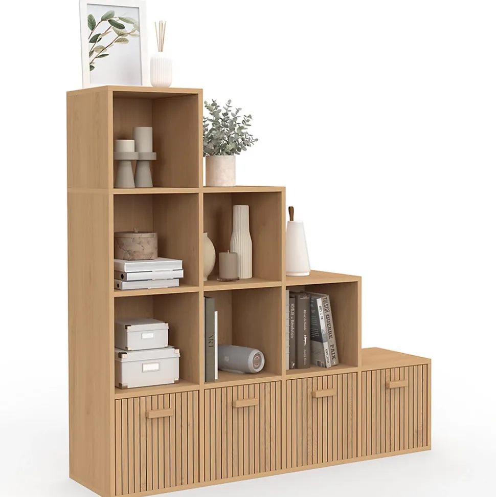 Meuble de rangement en escalier LORYS 4 niveaux effet lattes JULIETTE avec 4 tiroirs en tissu