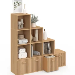Meuble de rangement en escalier LORYS 4 niveaux effet lattes JULIETTE avec 4 tiroirs en tissu