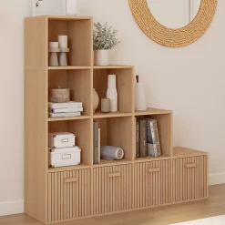 Meuble de rangement en escalier LORYS 4 niveaux effet lattes JULIETTE avec 4 tiroirs en tissu