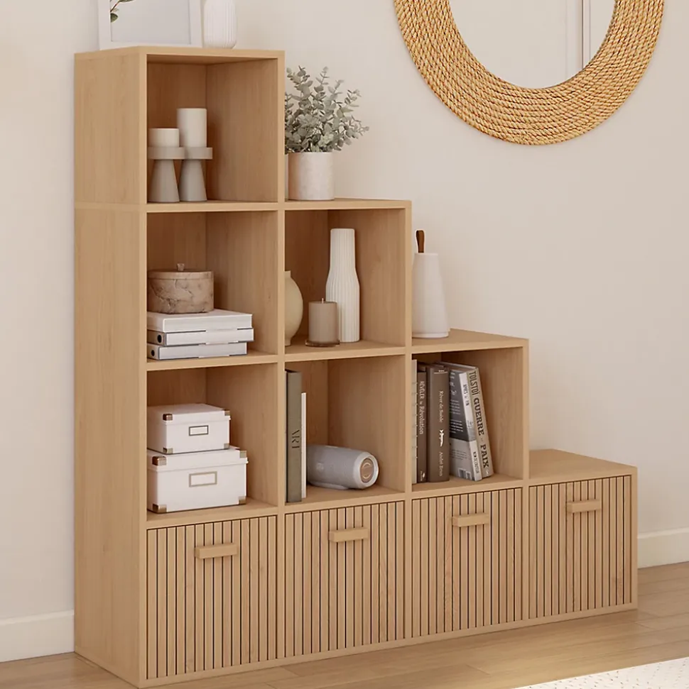 Meuble de rangement en escalier LORYS 4 niveaux effet lattes JULIETTE avec 4 tiroirs en tissu
