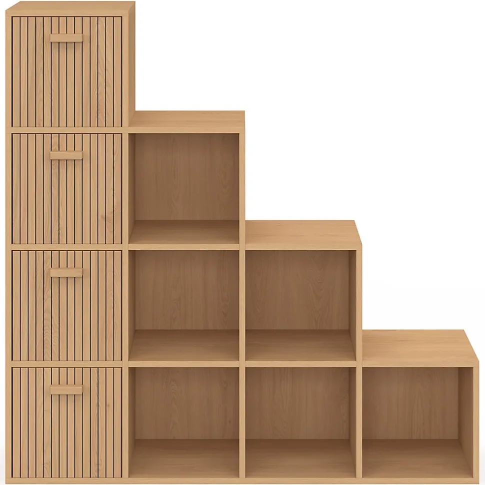 Meuble de rangement en escalier LORYS 4 niveaux effet lattes JULIETTE avec 4 tiroirs en tissu