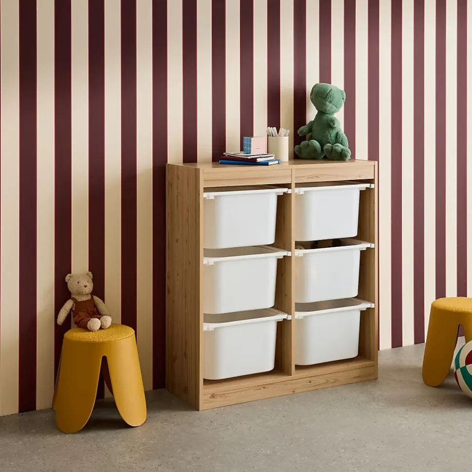 Meuble de rangement enfant. naturel. 6 bacs de rangement en plastique