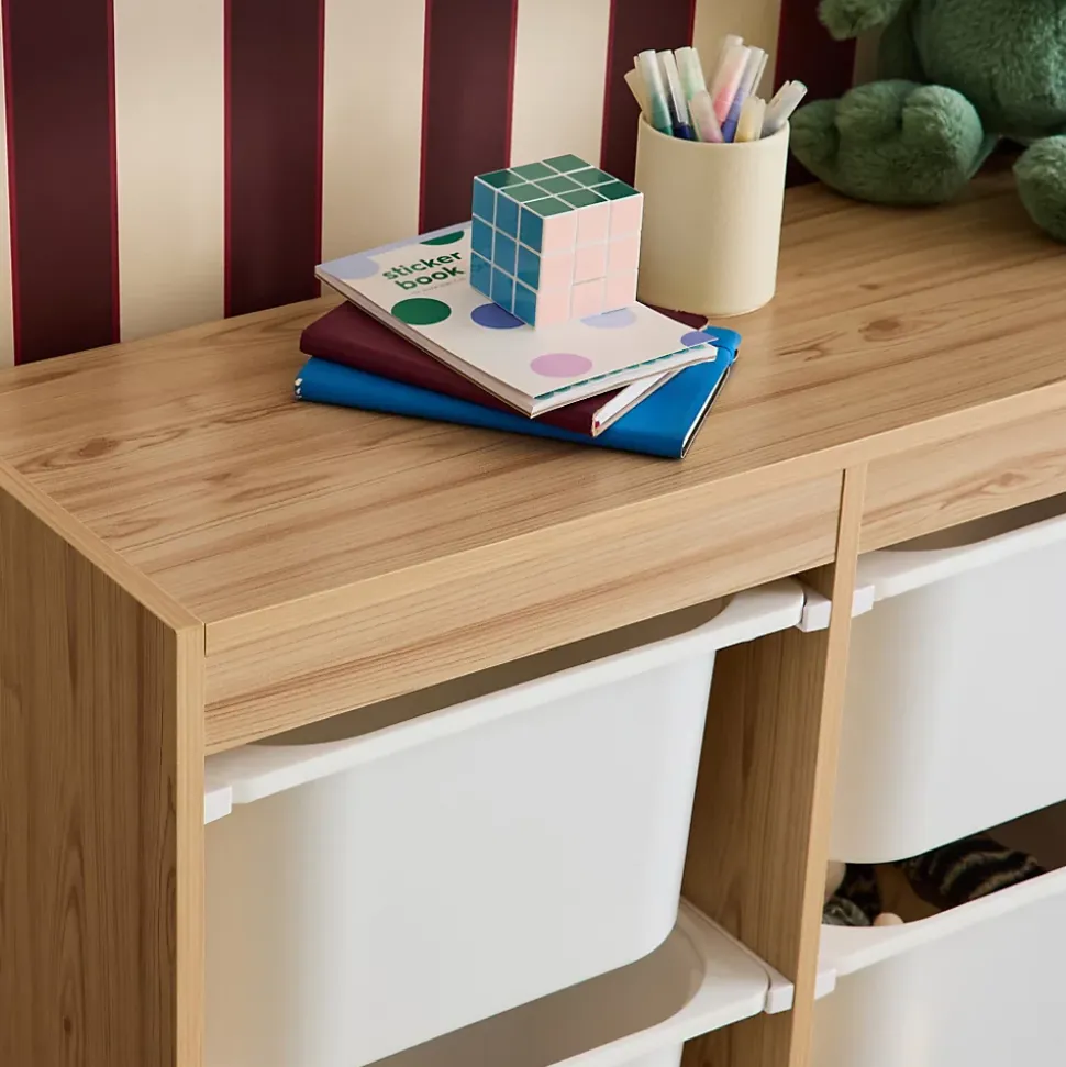 Meuble de rangement enfant. naturel. 6 bacs de rangement en plastique