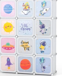 Meuble de Rangement Enfants 12 Cubes,35x35cm avec Barre de Suspension,pour Vêtements,Chaussures,Jouets (Astronaute-Blanc)