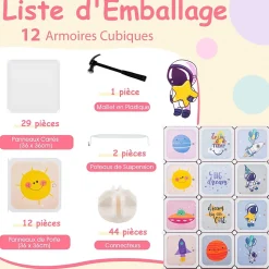 Meuble de Rangement Enfants 12 Cubes,35x35cm avec Barre de Suspension,pour Vêtements,Chaussures,Jouets (Astronaute-Blanc)