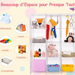 Meuble de Rangement Enfants 12 Cubes,35x35cm avec Barre de Suspension,pour Vêtements,Chaussures,Jouets (Astronaute-Blanc)