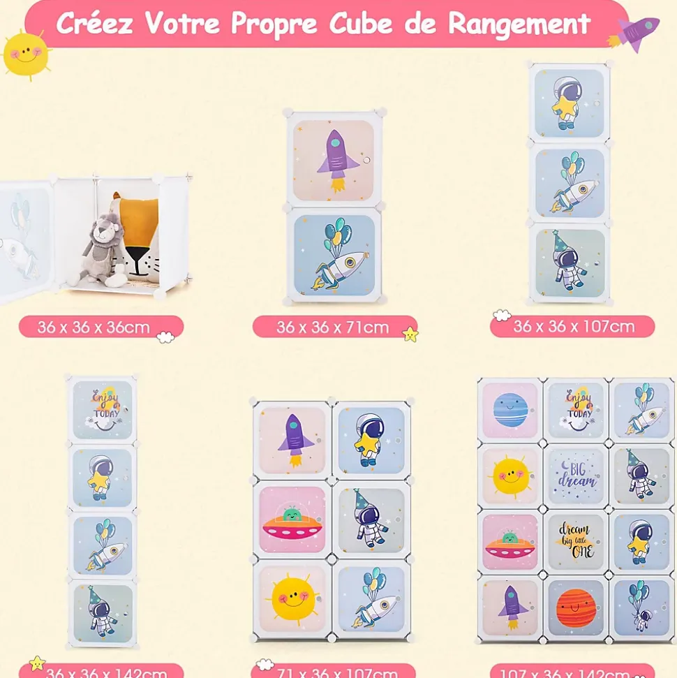 Meuble de Rangement Enfants 12 Cubes,35x35cm avec Barre de Suspension,pour Vêtements,Chaussures,Jouets (Astronaute-Blanc)