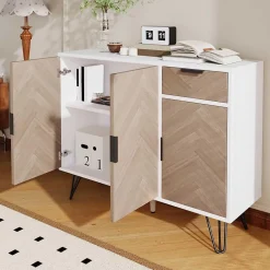 Meuble de rangement moderne blanc et bois, avec tiroir et étagères réglables, 90x30x71,5 cm