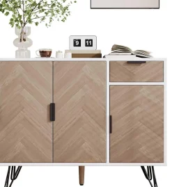 Meuble de rangement moderne blanc et bois, avec tiroir et étagères réglables, 90x30x71,5 cm